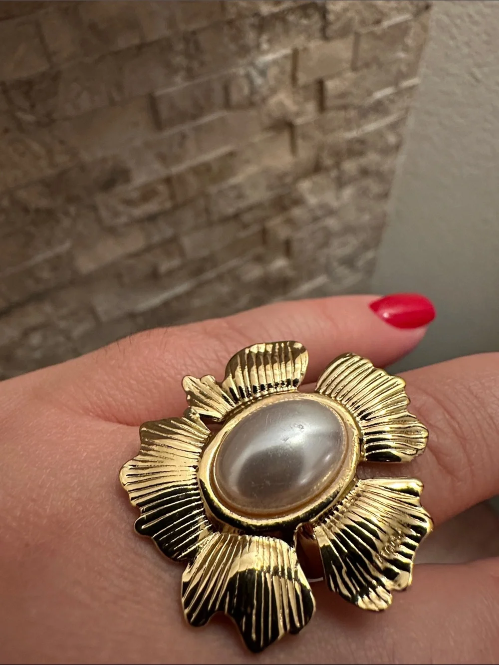 Gold Flower Pearl Center Statement Open Ring